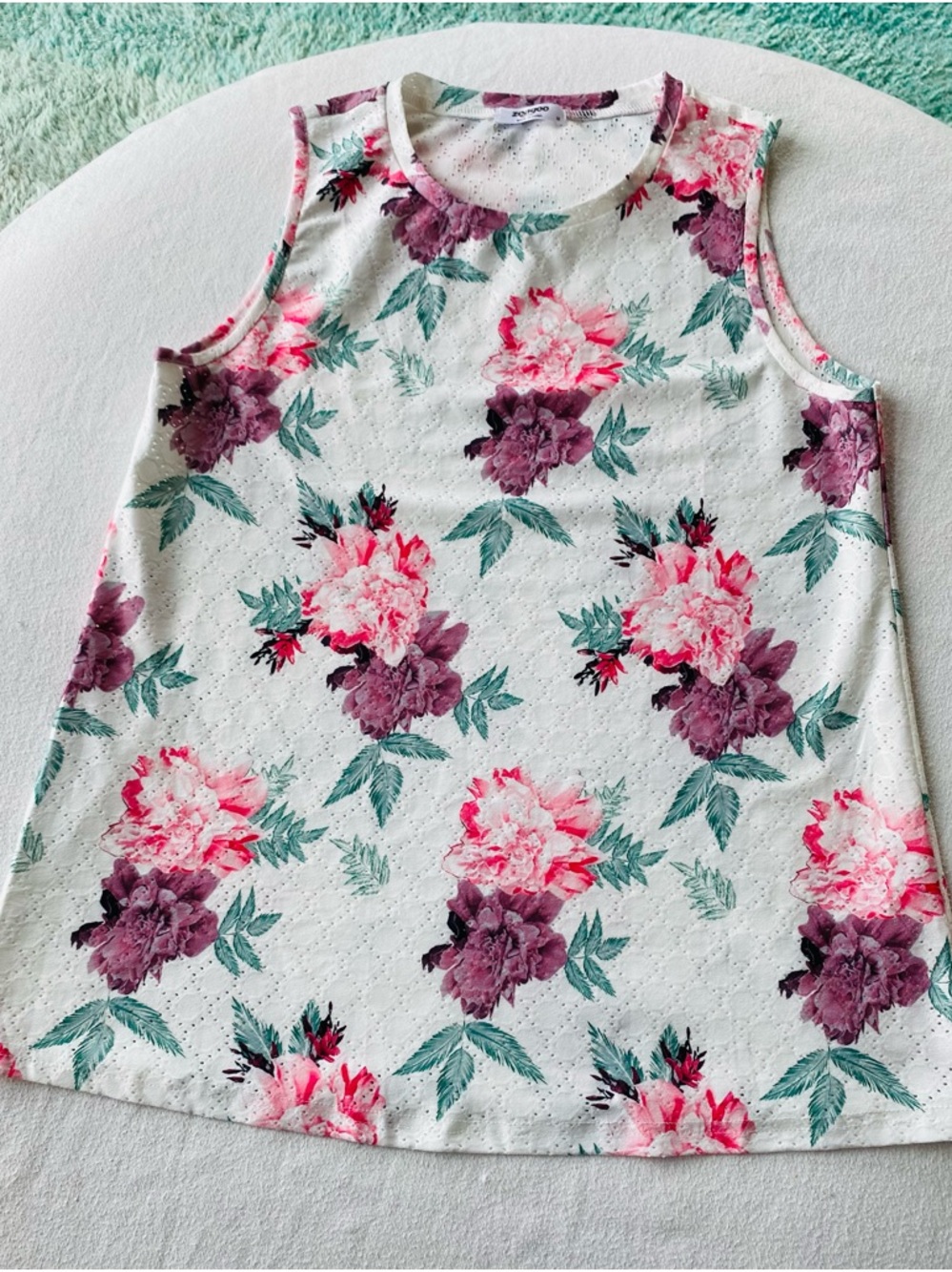 zeagoo White Floral Sleeveless Eyelet Top with Pink and Purple Blooms